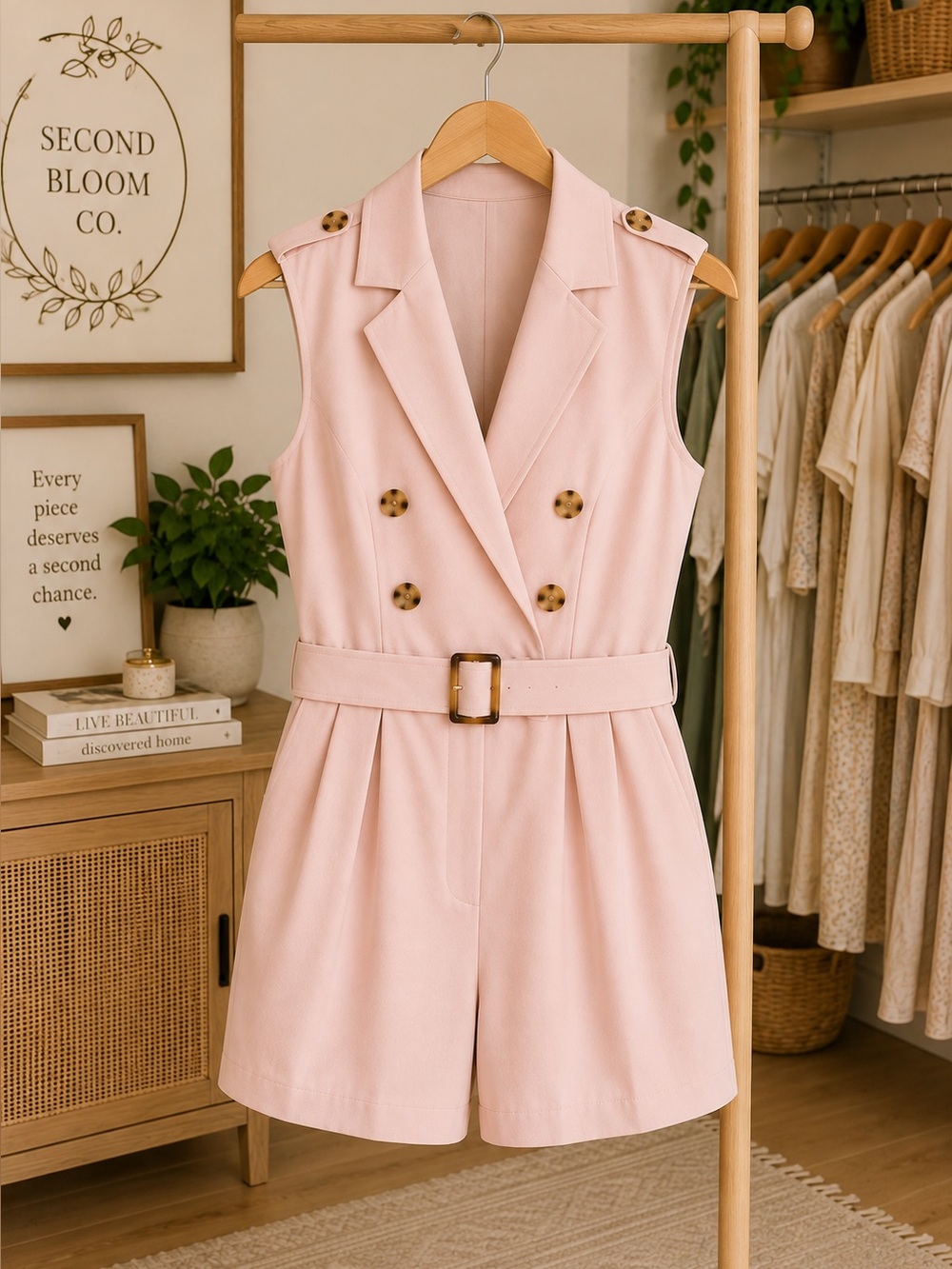 Elenza by L&L Pale Pink Belted Sleeveless Blazer Romper Size Small - Picture 4 of 5